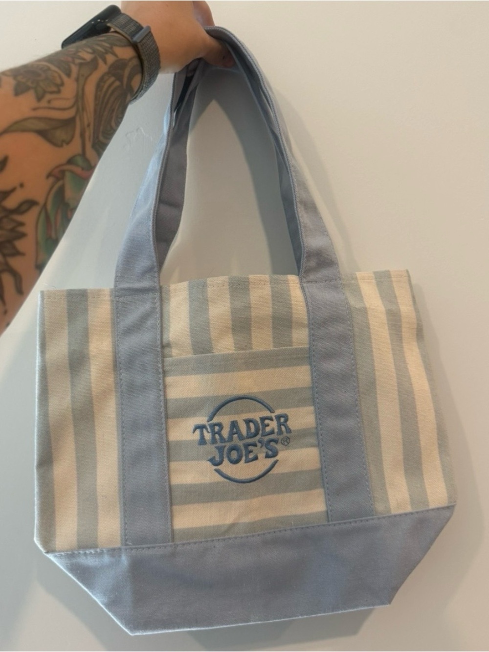 NWT Trader Joe's Mini Tote Bag Striped Limited Edition Blue
